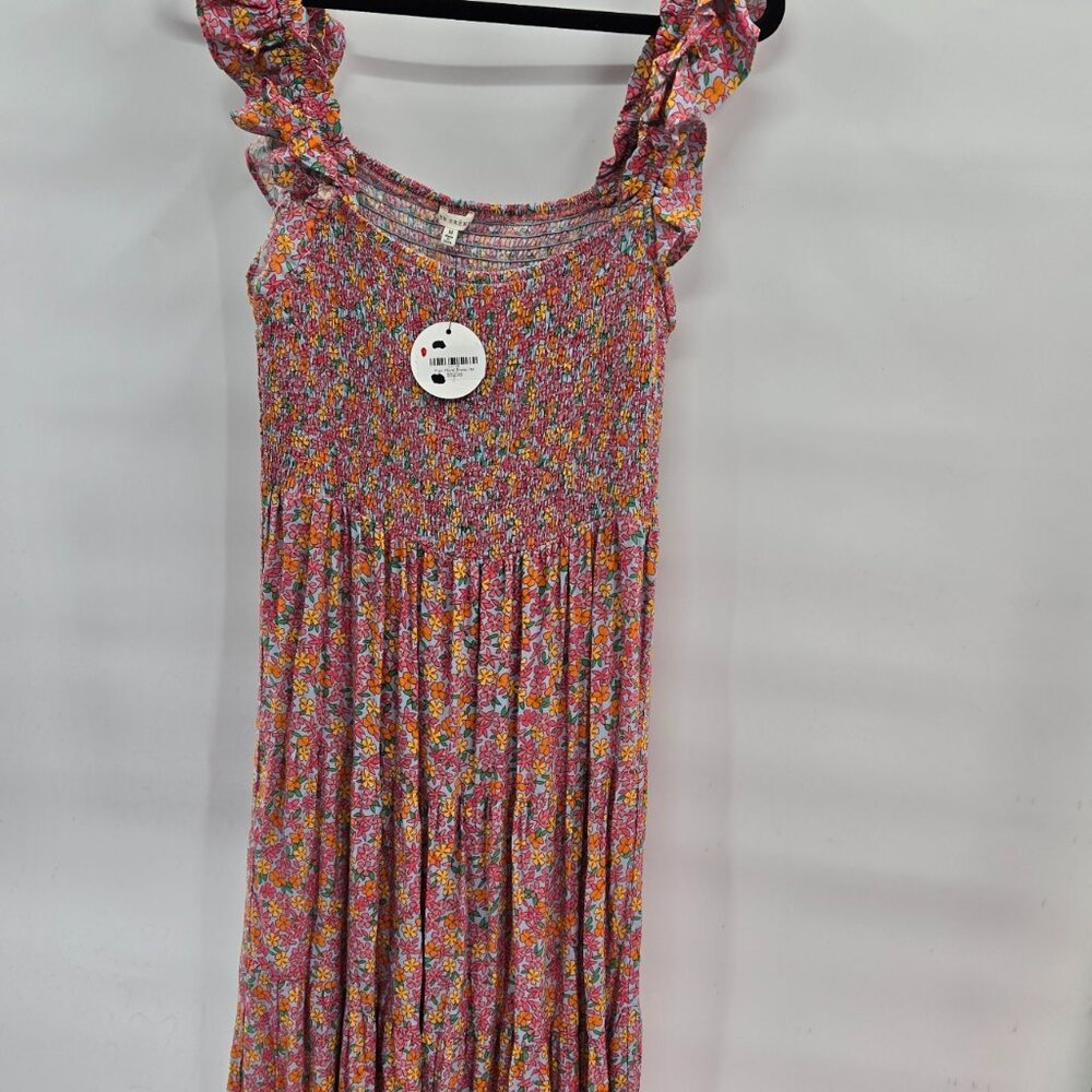 En Creme Multicolor Flora Smockedl Ruffle Sleeve Maxi Medium Dress